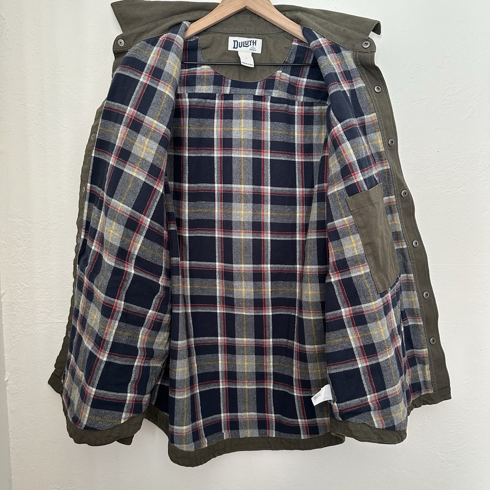 Duluth Trading Co Fire Hose Shirt Jacket Mens large Olive Green Flannel Lined - Picture 7 of 13